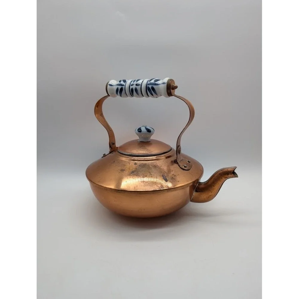 Vtg Douro B&M Copper Teapot Teakettle Cottage Country Farmhouse Ceramic Handle